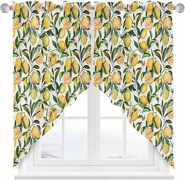 Swag Curtain Valances Summer Watercolor Lemon Green Leaves Window Treatment Swag Pair Topper Rod Pocket Curtain for Kitchen Cafe Windows Bedroom Bathroom Fruit Harvest 36" W x 36" L Pack of 2