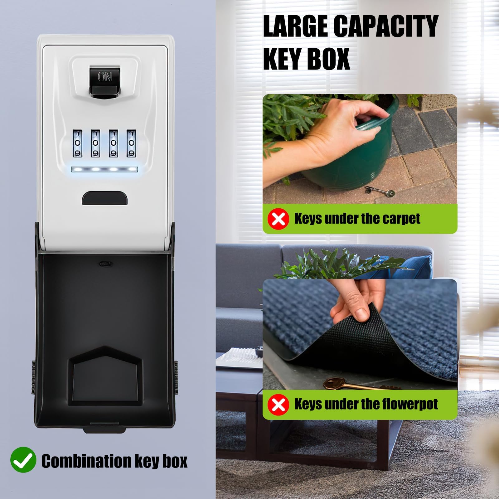 Marstey Wall Mounted Key Lock Box,With Light Up Dial And Waterproof Security Lockbox,4-Digit Combination Lockbox Large Key Storage Lock Box,Outdoor Key Safe For Home Office Garage Gym