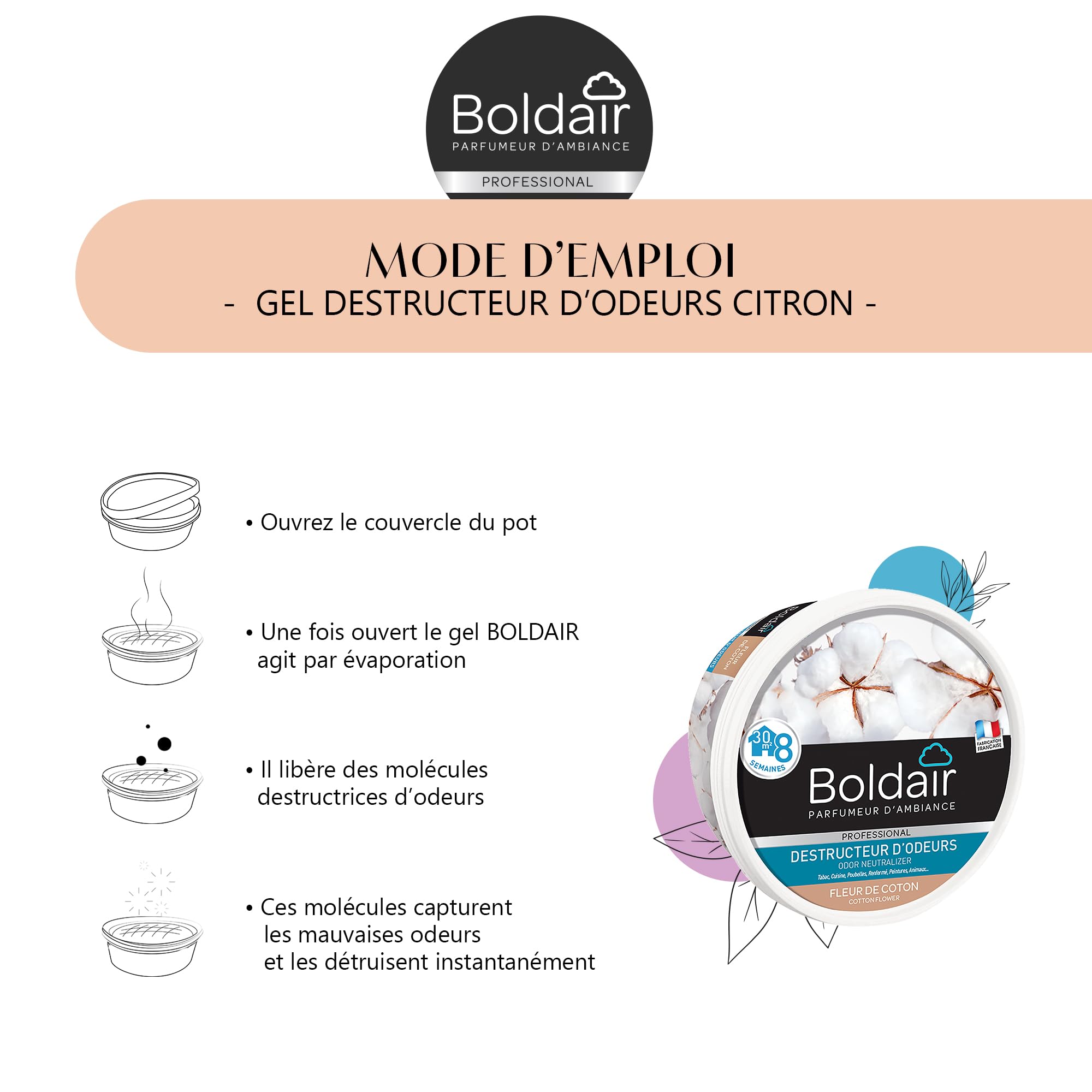 BOLDAIR Destructeur d'Odeurs en Gel Fleur de Coton 300 g