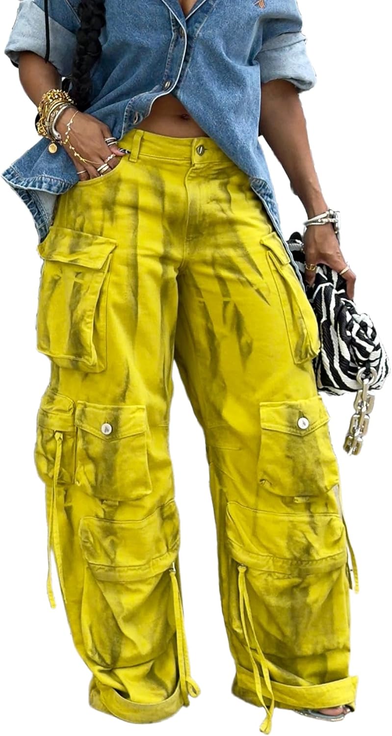 Women's Baggy Cargo Jeans High Waisted Y2K Distressed Straight Wide Leg Denim Pants with Multi Pockets Streetwear