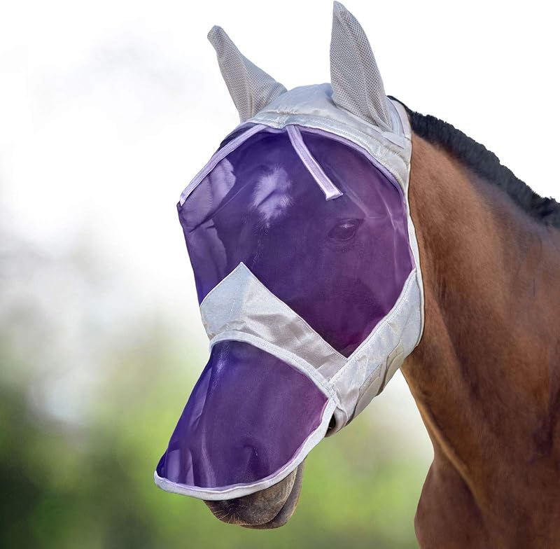 Máscara contra moscas para cavalos Harrison Howard CareMaster com focinheira longa, orelhas e tela fina Silver/Purple, tamanho Cob (Medium)