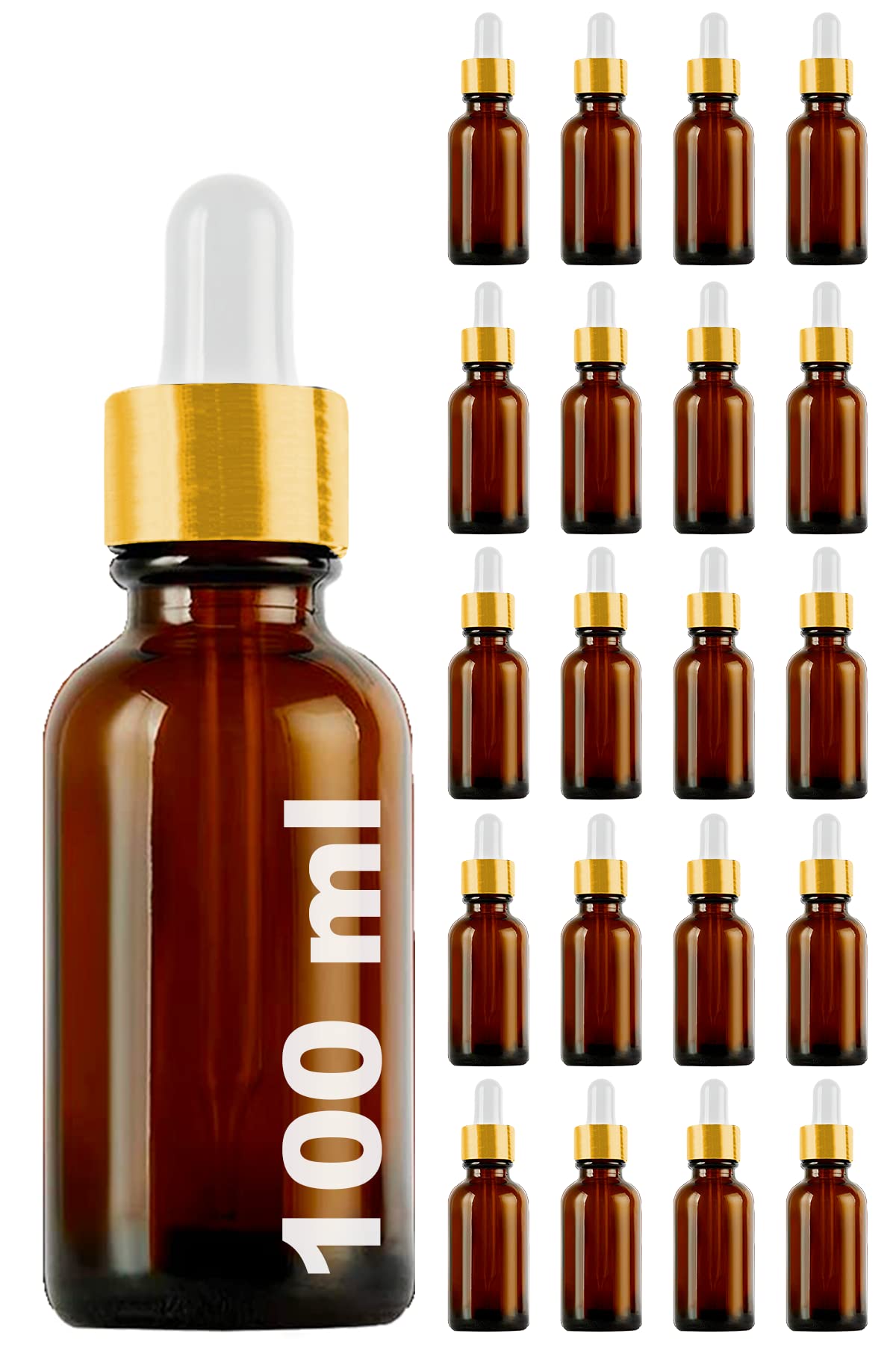 Afracam Amber 100 ml Metal Gold Sızdırmaz Kapaklı Dropper Damlalık Cam Şişe 20 Adet