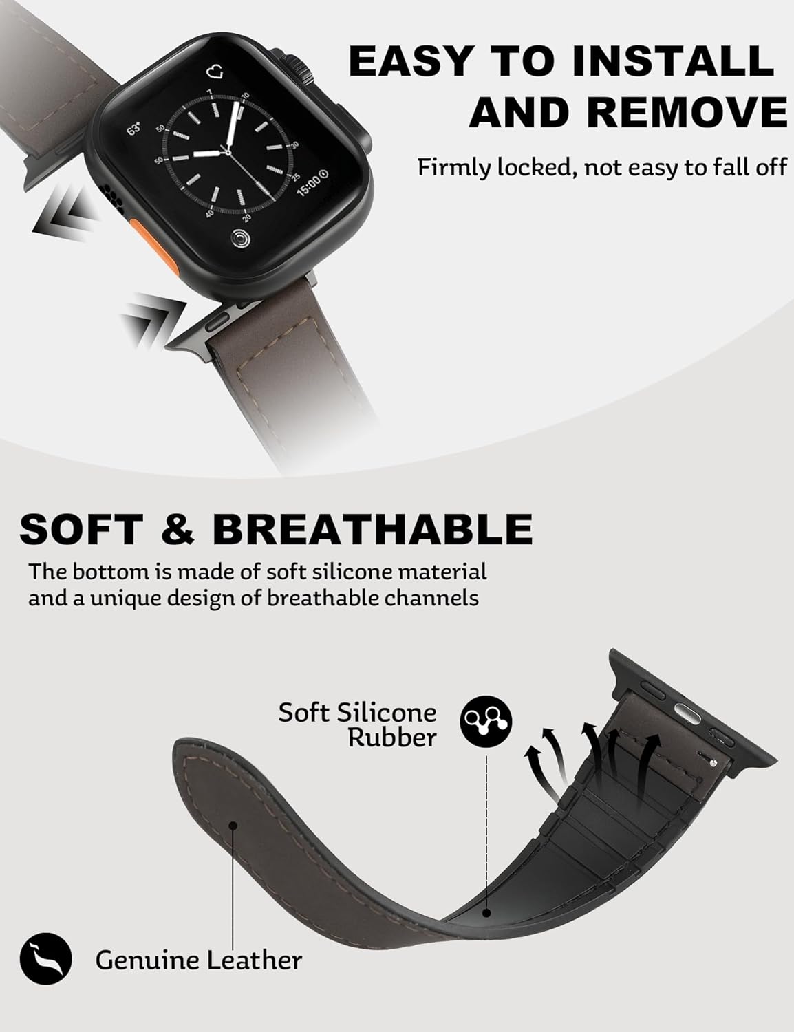 Grahied Genuine Leather Watch Band Compatible with Apple Watch Bands 40mm 38mm 41mm 42mm 44mm 45mm 46mm, Dressy Strap Magnetic H-Shaped Buckle for Women Men iWatch Ultra SE Series 10/9/8/7/6/5/4/3/2/1 - Image 4