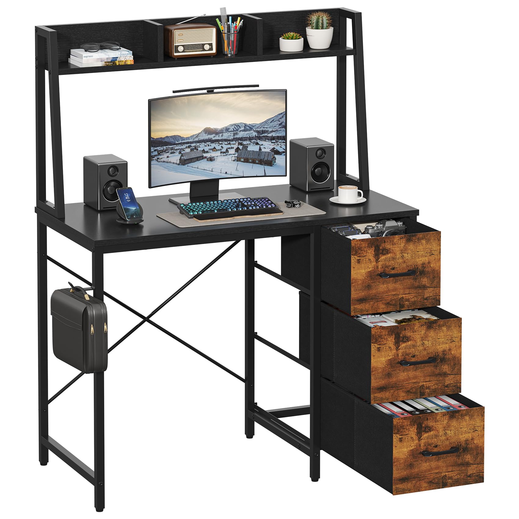 Feonase Industrial-Style Computer Desk with 3-Tier Wall-Mounted Shelf & 3 Fabric Drawers – MDF Desktop for Home Office, Study & Organization, Balck (100x50x126cm)