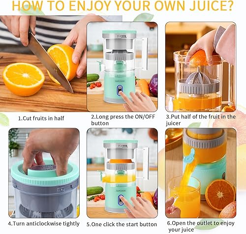 Miniatura 4 de Exprimidor eléctrico recargable de cítricos – Exprimidor automático con botón táctil, cable USB y cepillo de limpieza | Portátil para naranja, Verde
