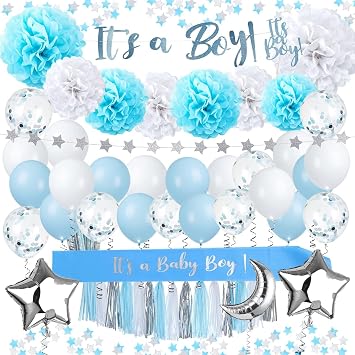 EPIQUEONE Baby Shower Decoration Kit - 68 Pieces, Blue, Silver & White - Gold Balloon & Tissue Paper Pom Poms, Balloon with Its a Boy Banner - Party Decoration & Gender Reveal Decor