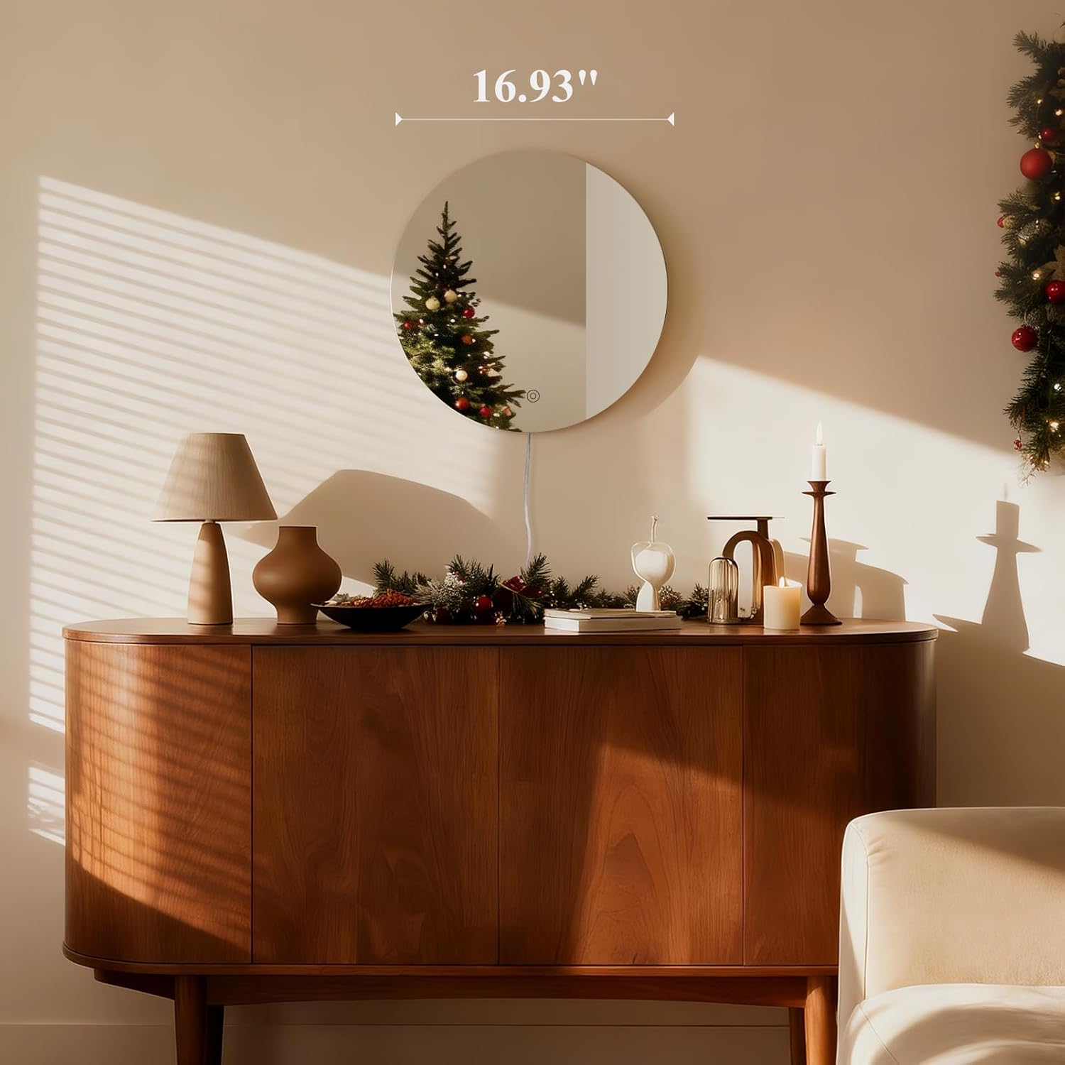 ONEWISH LED Wall Sconce, Dimmable Mirror Wall Lamp,16.93 inch Round Wall Lights for Bedroom with Memory Function, Wall Lamps for Living Room Entryway, Silver