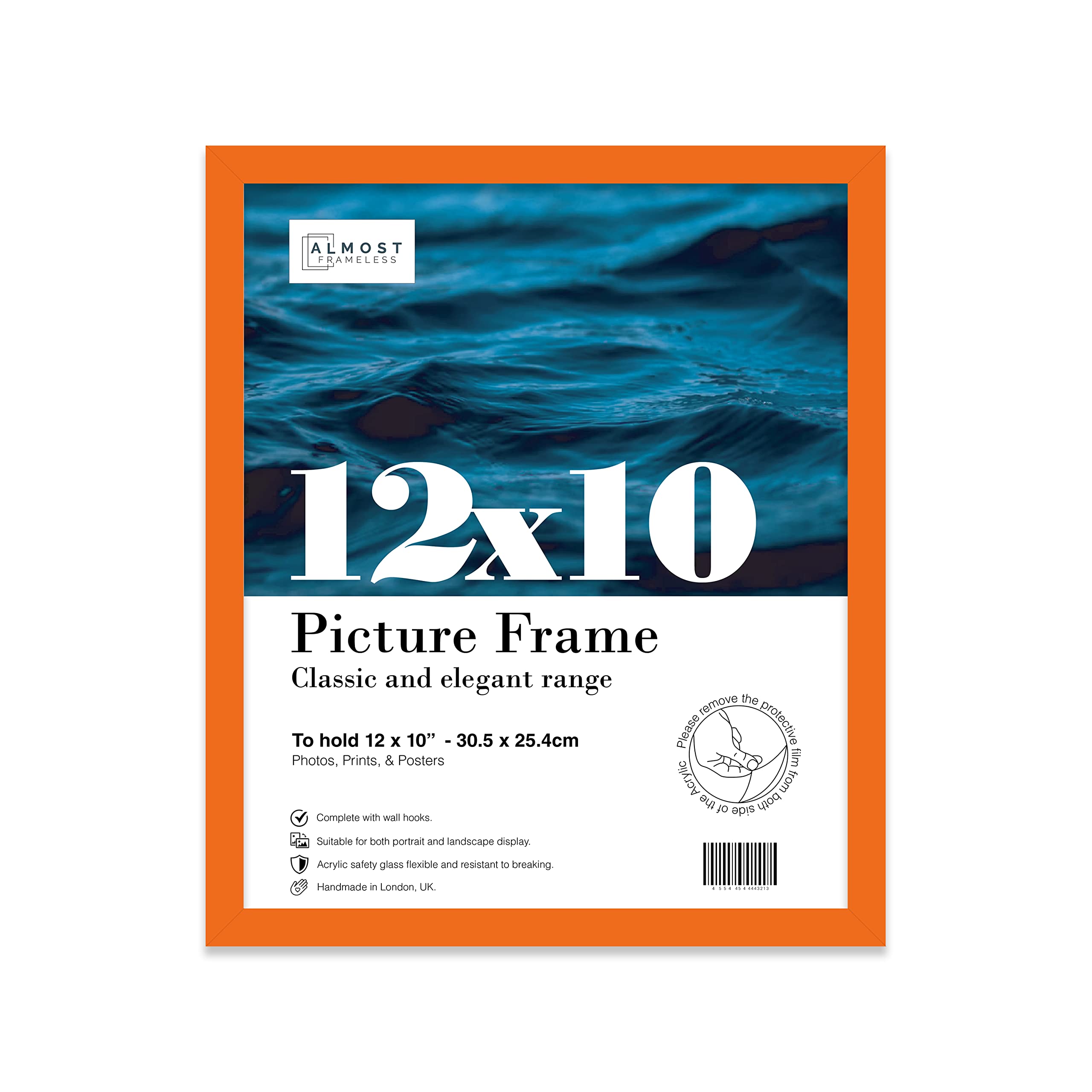 Almost Frameless 12x10 Orange Picture Frame 12"x10"(30.5x25.4cm) Poster, Photo, Artwork, or Print. Thin Edge Slim Frame Portrait and Landscape Display with Wall Hooks