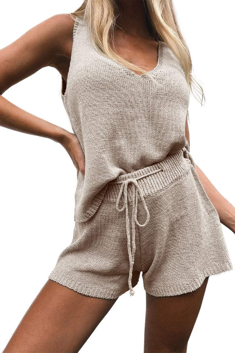 Imily Bela Women's Summer Lounge Sets Knit 2 Piece Outfits Vacation Beach Tank Tops and Shorts Loungewear Pajama Set