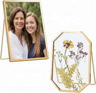 Qunclay 2 Pcs 4" x 6" Glass Pressed Flower Frame, Gold Double Glass Floating Picture Frame for Dried Flowers, Wedding Bouquet Preservation, Photo Display, Tabletop or Wall Decor, Octagon and Rectangle