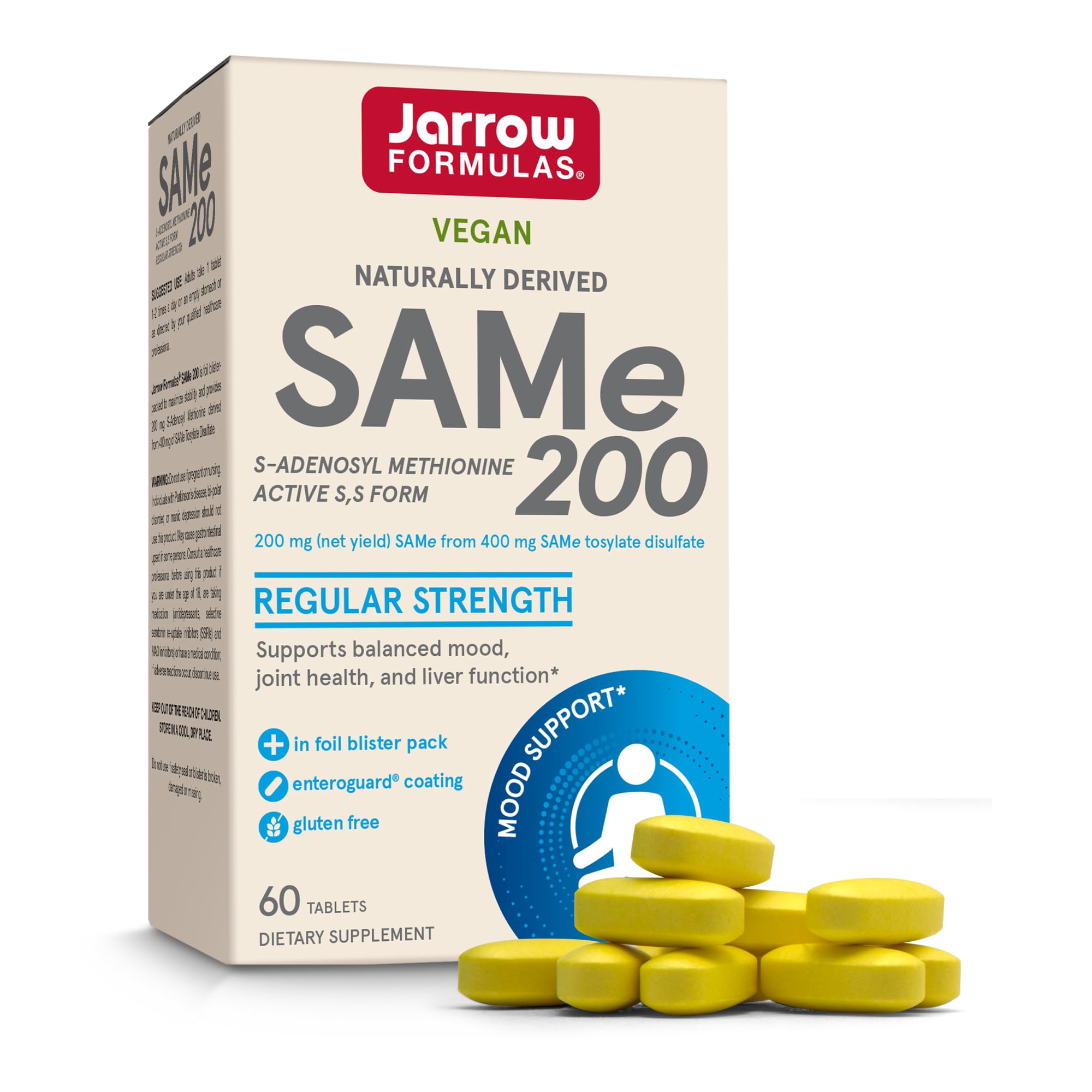 Jarrow Same Supplement 200 mg, Regular Strength, 60 Tablets Unflavored 60 Count (Pack of 1)