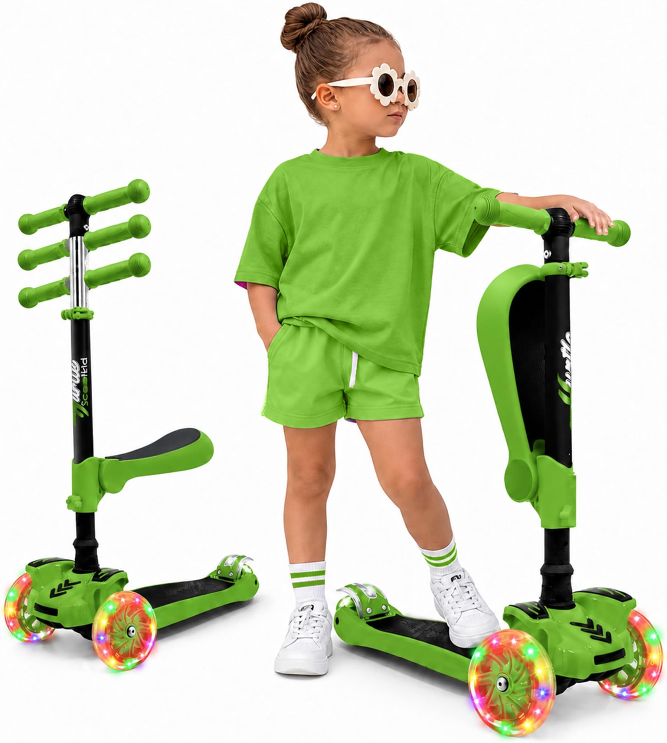 Hurtle 3-Wheel Try Scooter for Kids -Ages 1+ years, Flip-able Seat, Foldable, Flashing Lights, Adjustable Height