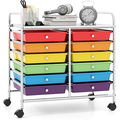 Giantex 12 Drawers Rolling Cart, Mobile Storage Drawer Cart, Classroom Organizer Cart for Office School Supplies Tools Scrapbook Paper Craft Small Printer, Utility Cart on Wheels, Multicolor