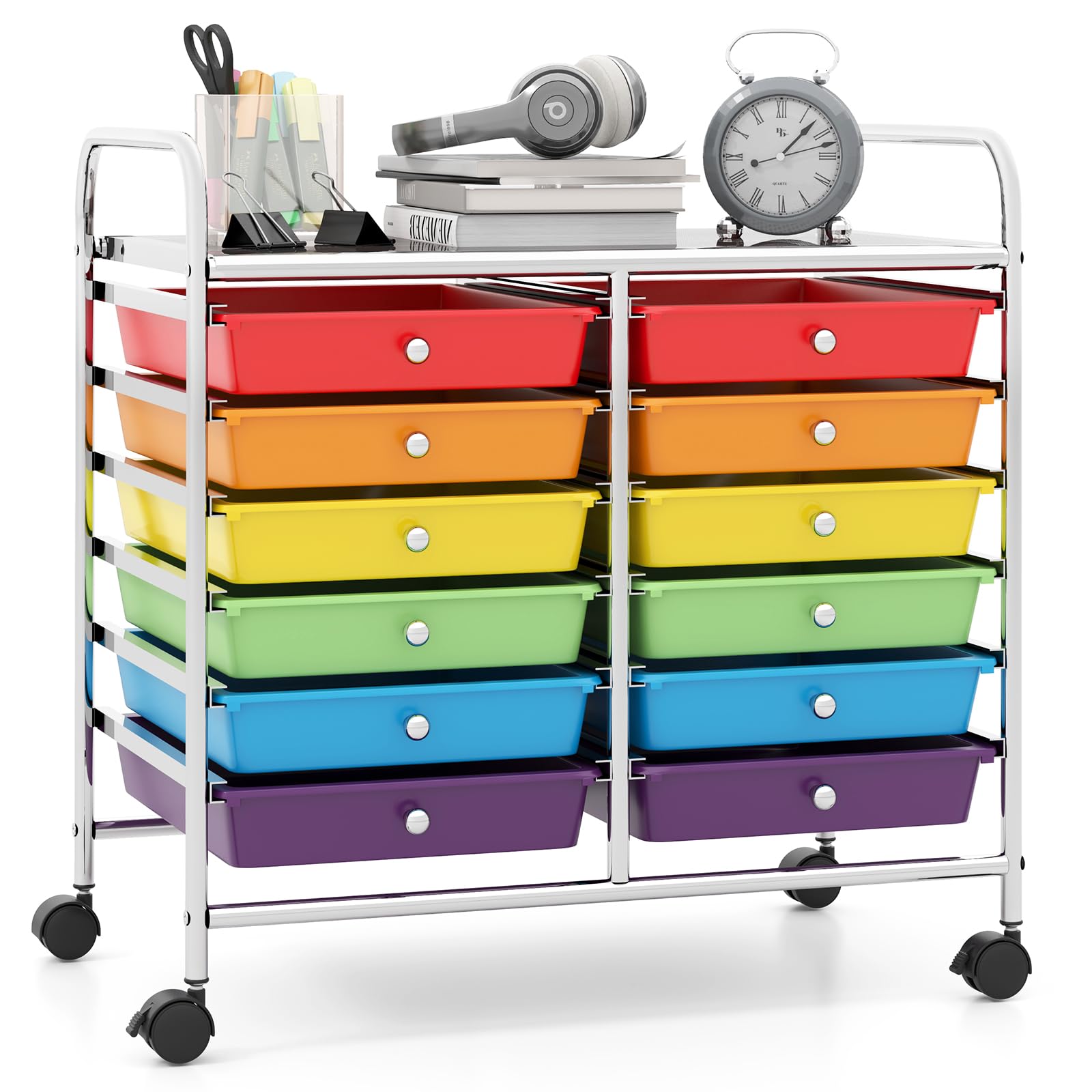 GIANTEX Chariot de Rangement, 12 Tiroirs, roulettes Pratiques, Grande Planche de Travail, Poignées Latérales, Glissières Douces, Chariot Polyvalent pour Salon, Cuisine, Bureau (Multicolore)