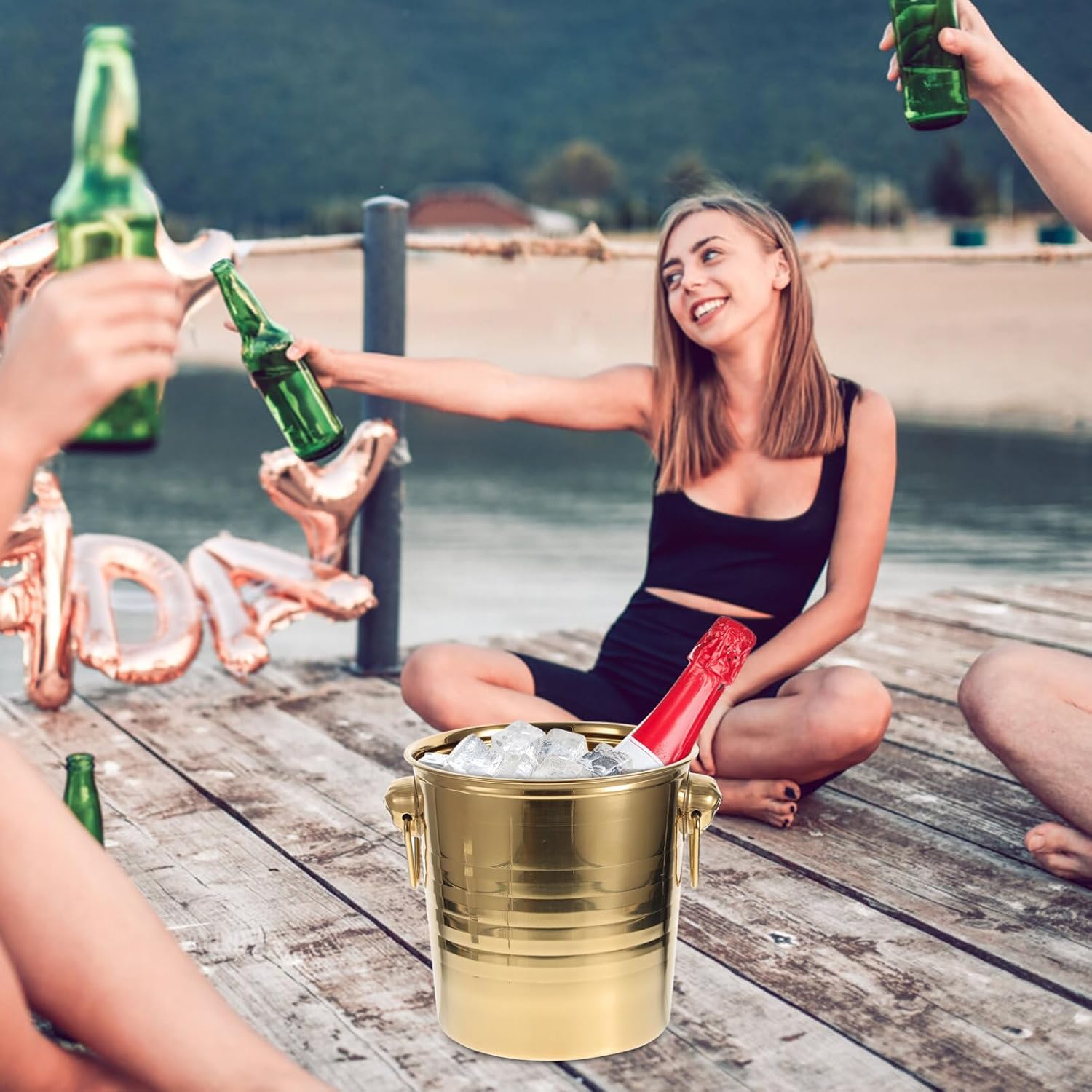 Coffee Bar Accessories Gold Ice Bucket for Cocktail Bar Stainless Steel Ice Buckets for Parties 5L Picnic Basket