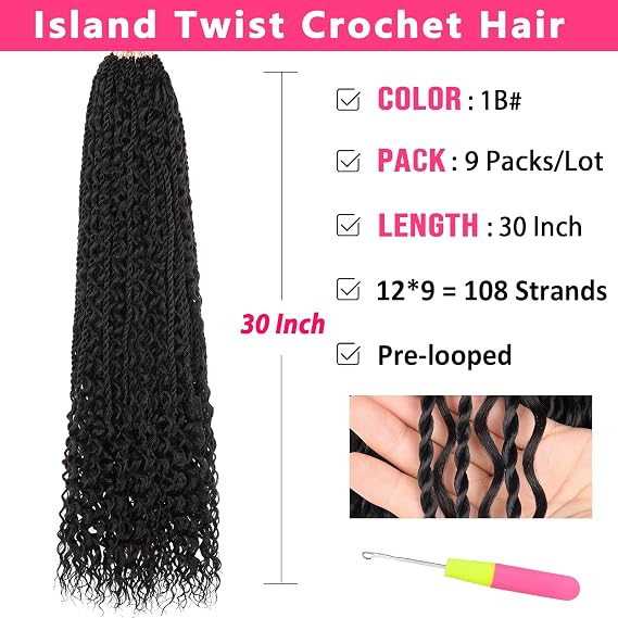 30 Inch Boho Senegalese Twist Crochet Hair with Curls 1B#