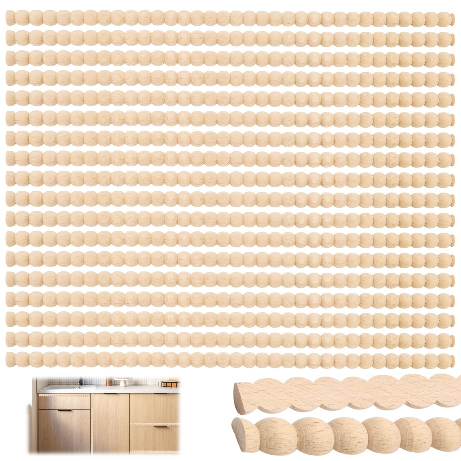 18 PCS Bobbin Trim Moulding, 15.75in 3D Half Wood Trim, Wood Beading Strips for DIY Wall Door Window Cabinet Furniture Shelf Home Decor