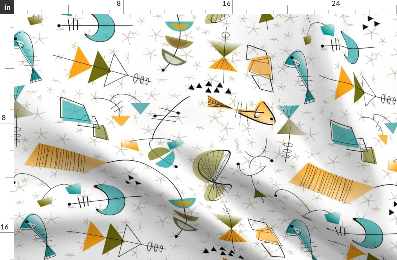 Spoonflower Fabric - Mid Century Atomic Gold Green Modern Era Abstract Retro Inspired Printed on Organic Cotton Sateen Fabric by The Yard - Sewing Quilting Apparel Home Decor