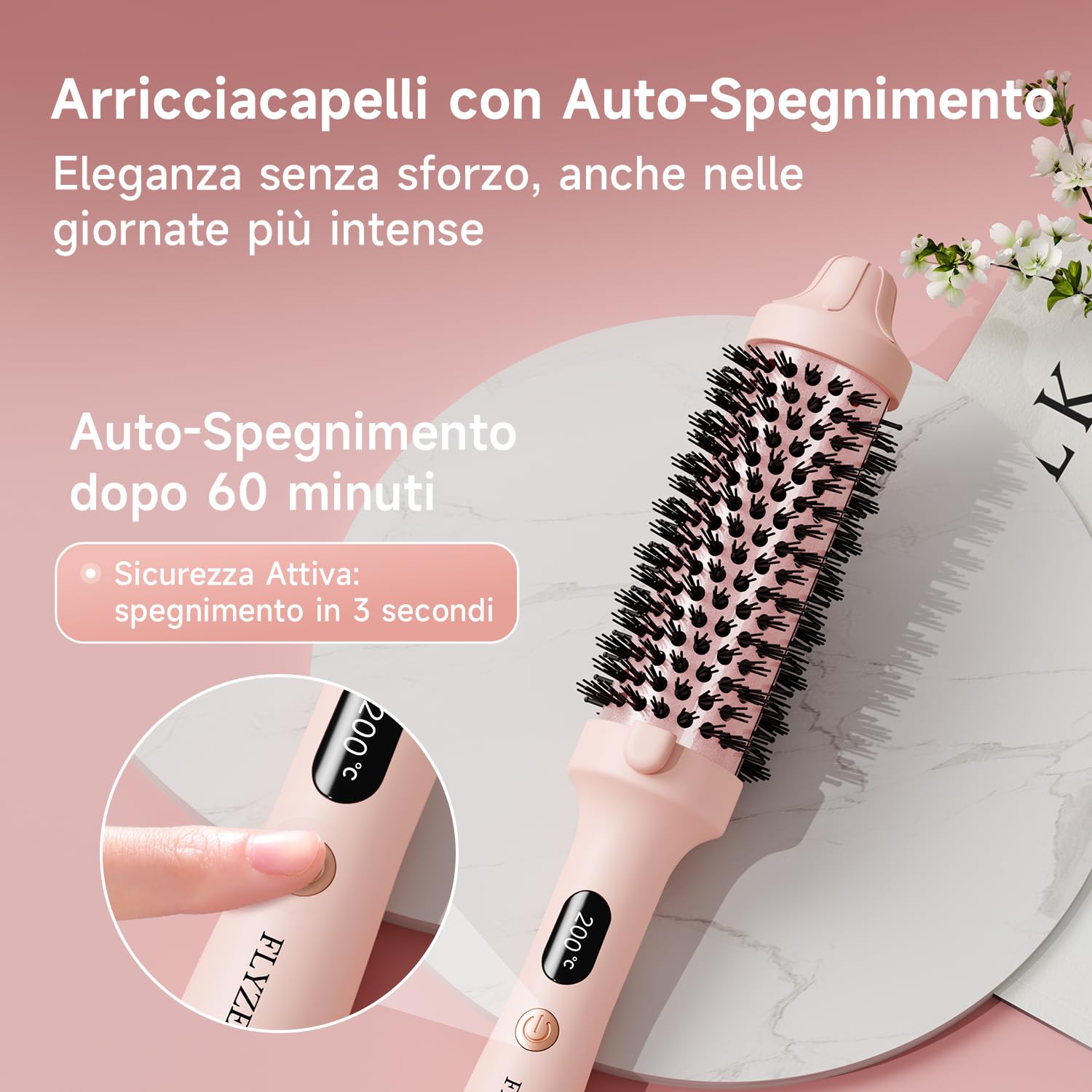 3 in 1 Ceramic Tourmaline Thermal Brush 38 mm Smoothing & Curls with 3 Temp Heating 30s Anti Scalding (Pink)