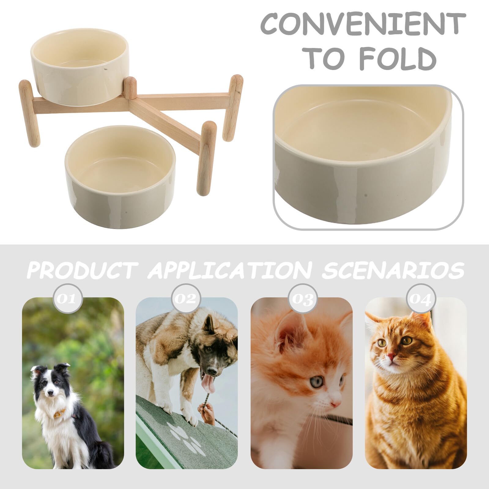 Comedero Doble Elevado para Perros y Gatos con Soporte de Madera Antideslizante, Cuencos de Cerámica Beige de 15,5 CM y 850 Ml, Adecuado para Mascotas Pequeñas y Alimentación