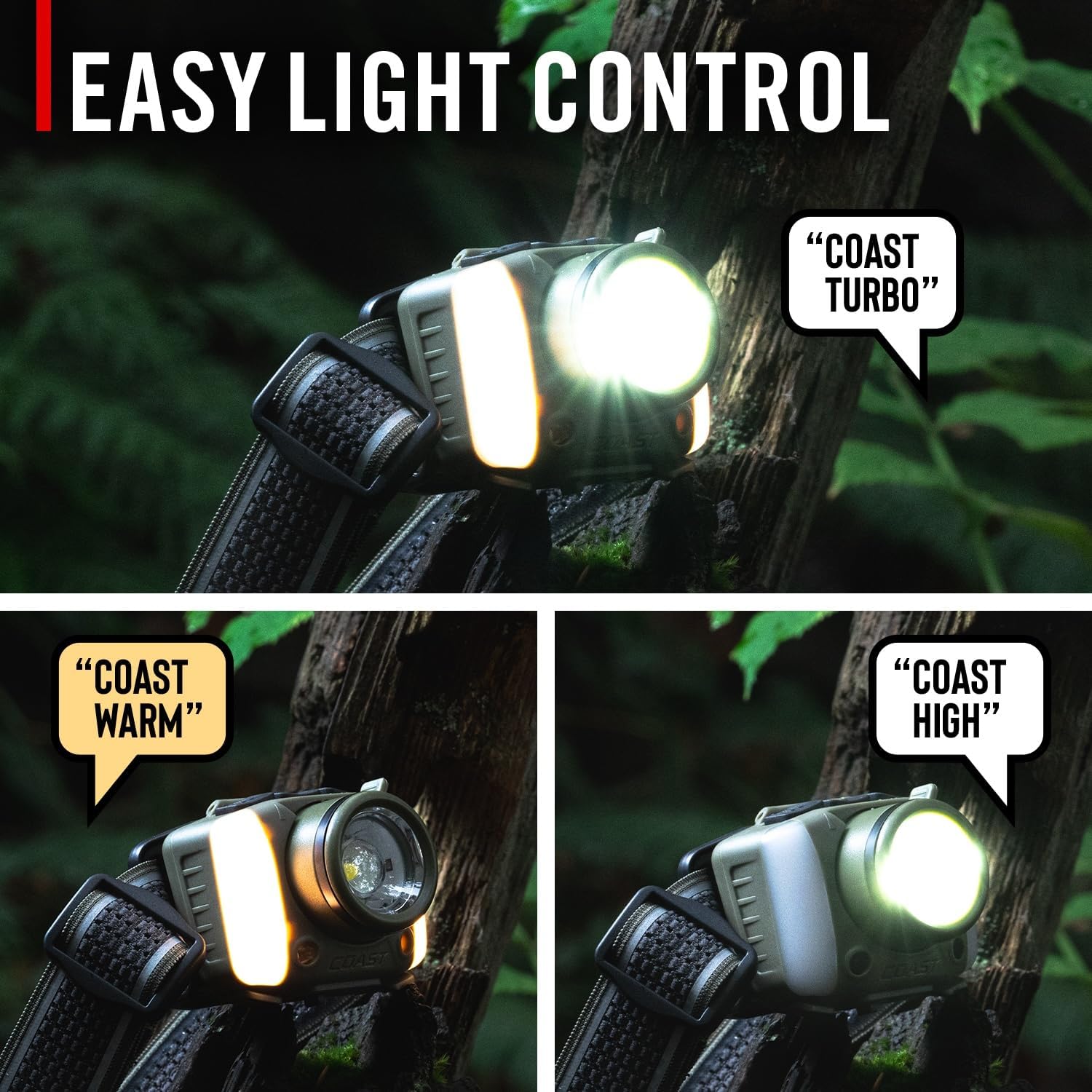 Coast FL97R Voice-Controlled 1200 Lumen Rechargeable LED Headlamp with Pure Beam® Spot & Flood, ARC Lighting, Red & Green Color Modes, Glide Focus™ Radial Arm Dial and USB-C Charge Port, Forest Green