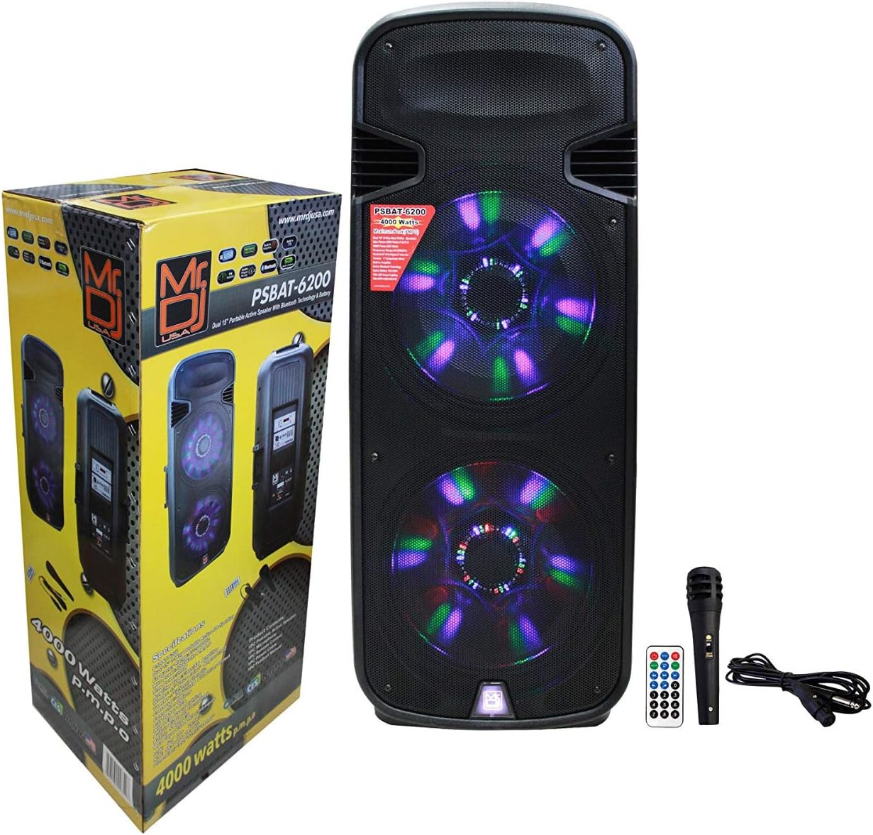 Absolute Mr. Dj PSBAT6200 Dual 15" 4000W Max Power Speaker with Built-in Bluetooth