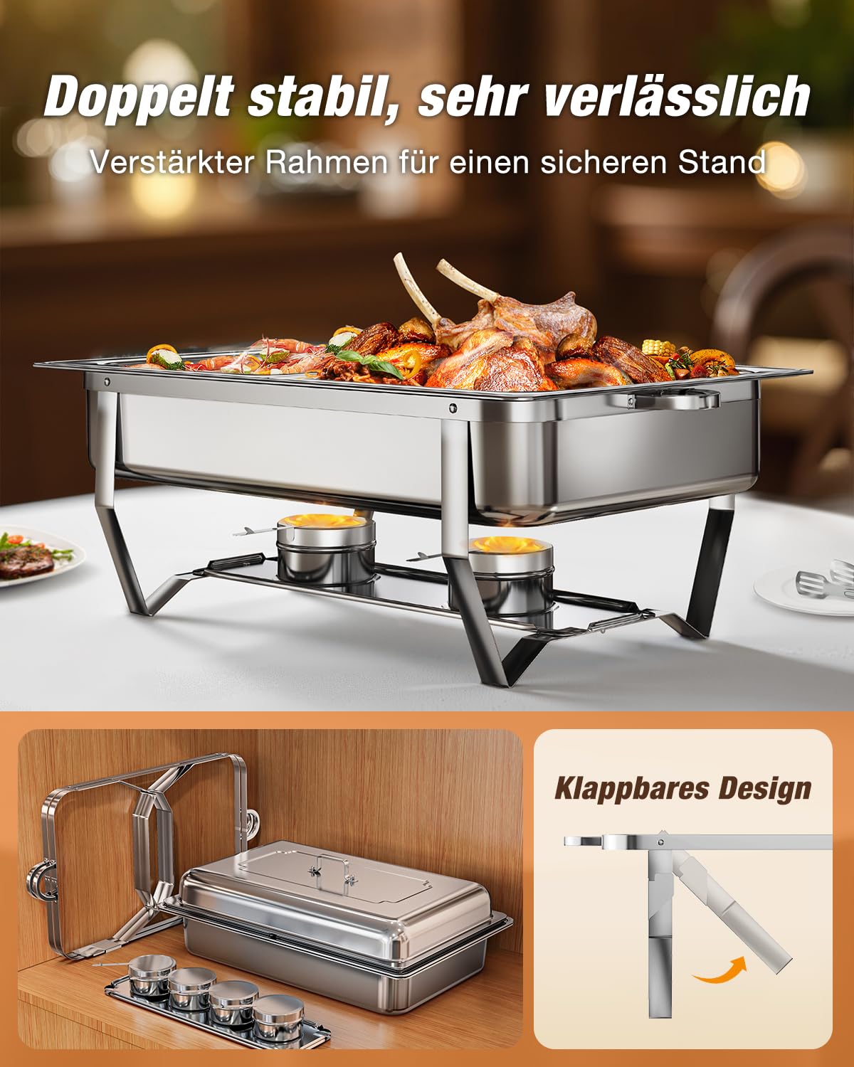WARMOUNTS Chafing Dish Buffet Set 9L, Edelstahl Speisenwärmer für Catering, Hochglanzpoliert, Klappbarer Rahmen, Halterung, Großes Warmhaltebehälter für Party (4er Set 2x1+2x1/2+3x1/3 Einsätze)
