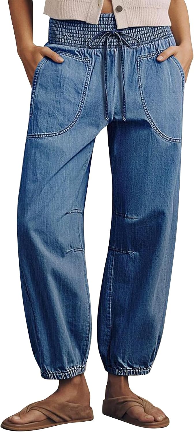 Flamingals High Waist Barrel Leg Jogger Jeans for Women Drawstring Waist Wash Casual Loose Fit Denim Pants