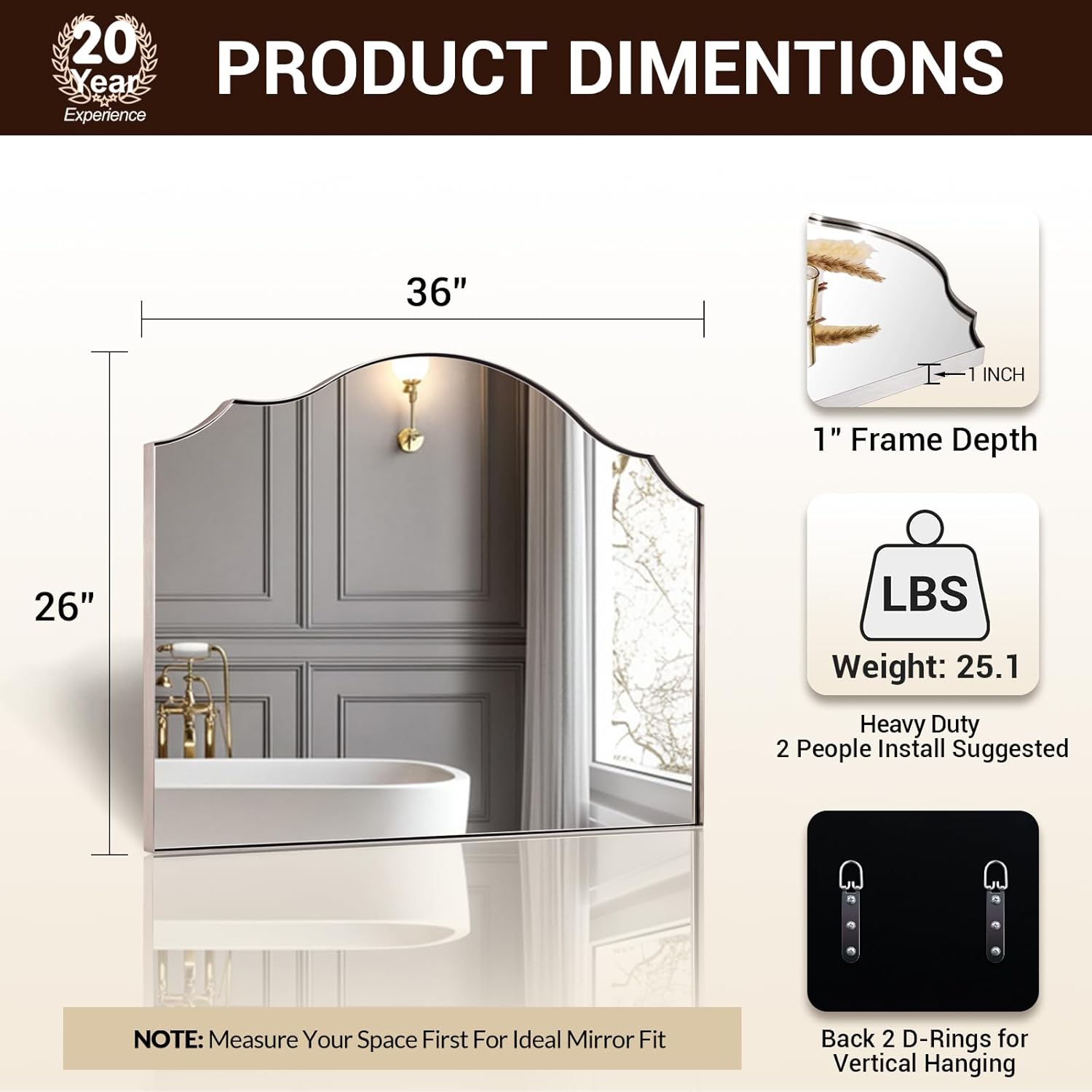 andy star scalloped arched mirror, 36x26 inch brushed nickel mantle mirror with stainless steel metal frame, modern wall mirrors for bathroom, bedroom, fireplace, living room, entryway brushed nickel 26"l x 36"w