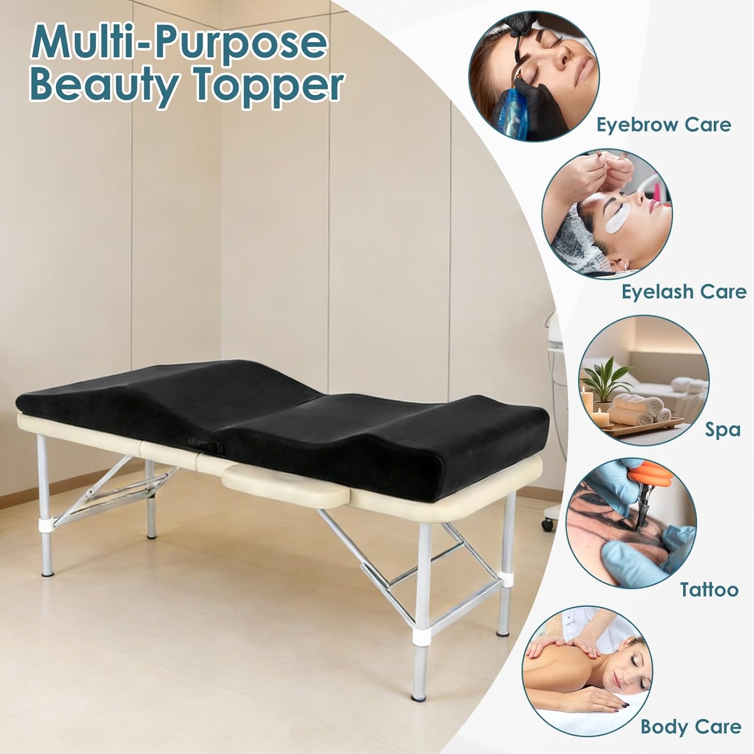 Lash Bed Topper, Ergonomic Curvy Massage Bed Topper Esthetician Bed Cushion, Non-Slip Spa Table Memory Foam Pad with Removable Cover, Ideal for Facials, Eyelash & Beauty Salon, 71"×28" Black