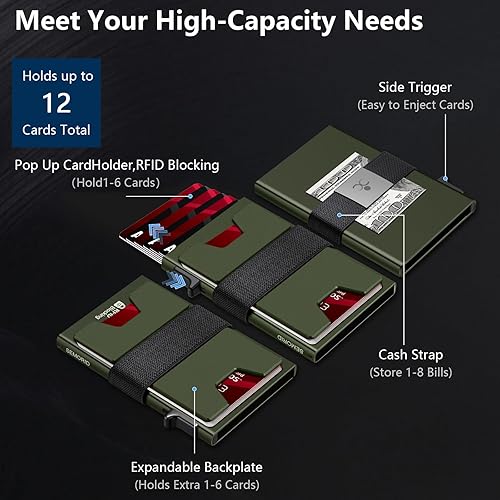 Miniatura 69 de Cartera delgada de aluminio para hombre, placa trasera expandible duradera, bloqueo RFID, billetera desplegable de metal minimalista, con capacidad