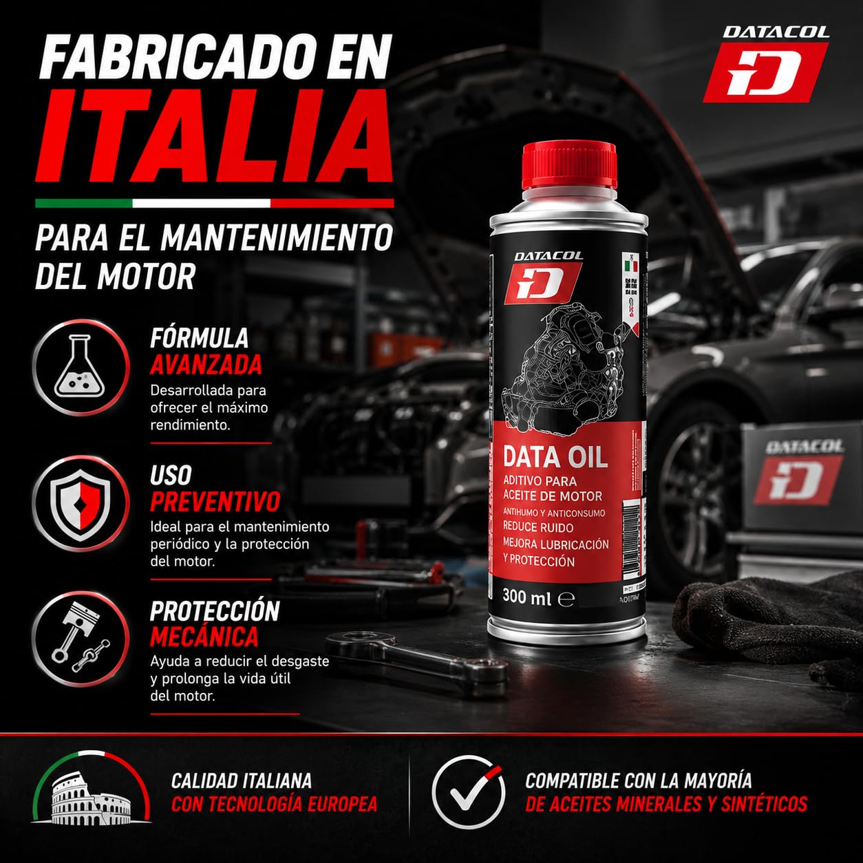 Datacol Aditivo para Aceite de Motor 300 ml, Tratamiento Antihumo y Anticonsumo, Reduce Ruido y Consumo de Aceite, para Motores Gasolina y Diésel con DPF - 2 Unidades
