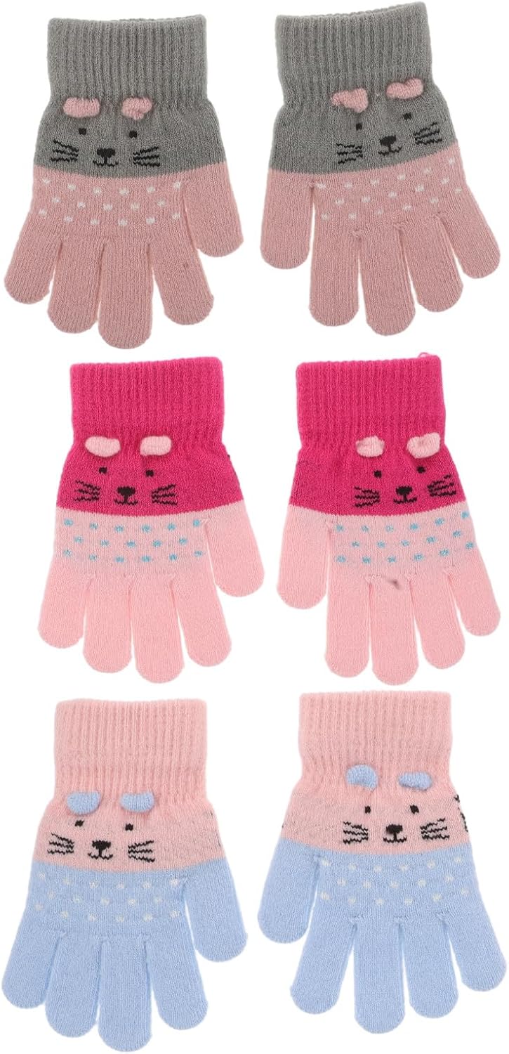 BESPORTBLE 3 Pairs Kids Winter Gloves Cute Cat Warm Gloves Thermal Full Finger Stretch Knit Mittens For Children Girls And Boys 3-7 Years Old