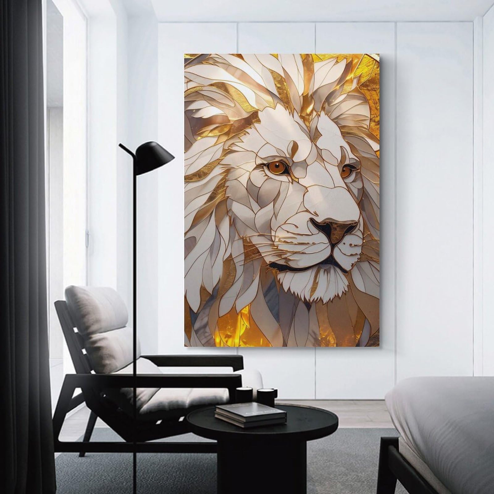 Junmoney Unframe-Style-22 Golden And White Lion Portrait Canvas Wall Decor 24X36inch(60X90cm), For Study, Office Or Focused Interiors, Wall Art That Adds Style To Work Areas