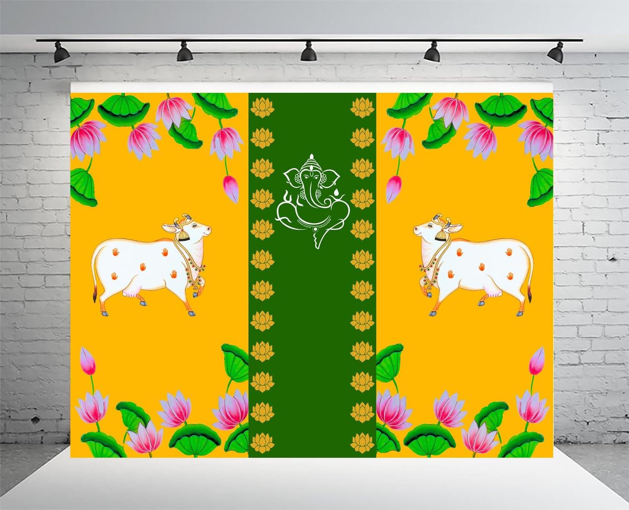 Ganesh with 2 Cows and Lotus Flowers Backdrop Cloth for Pooja Decoration 8x8 | Traditional Ganesha Background Curtain for Festival, Diwali, Housewarming & Home-picture-20