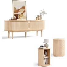 LINSY HOME Fluted Living Room Table Set of 3, Includes Mid Century Modern TV Stand with Storage for Up to 65 inch TV, 58" Entertainment Center, Round TV Side Table, End Table Set of 2, Oak