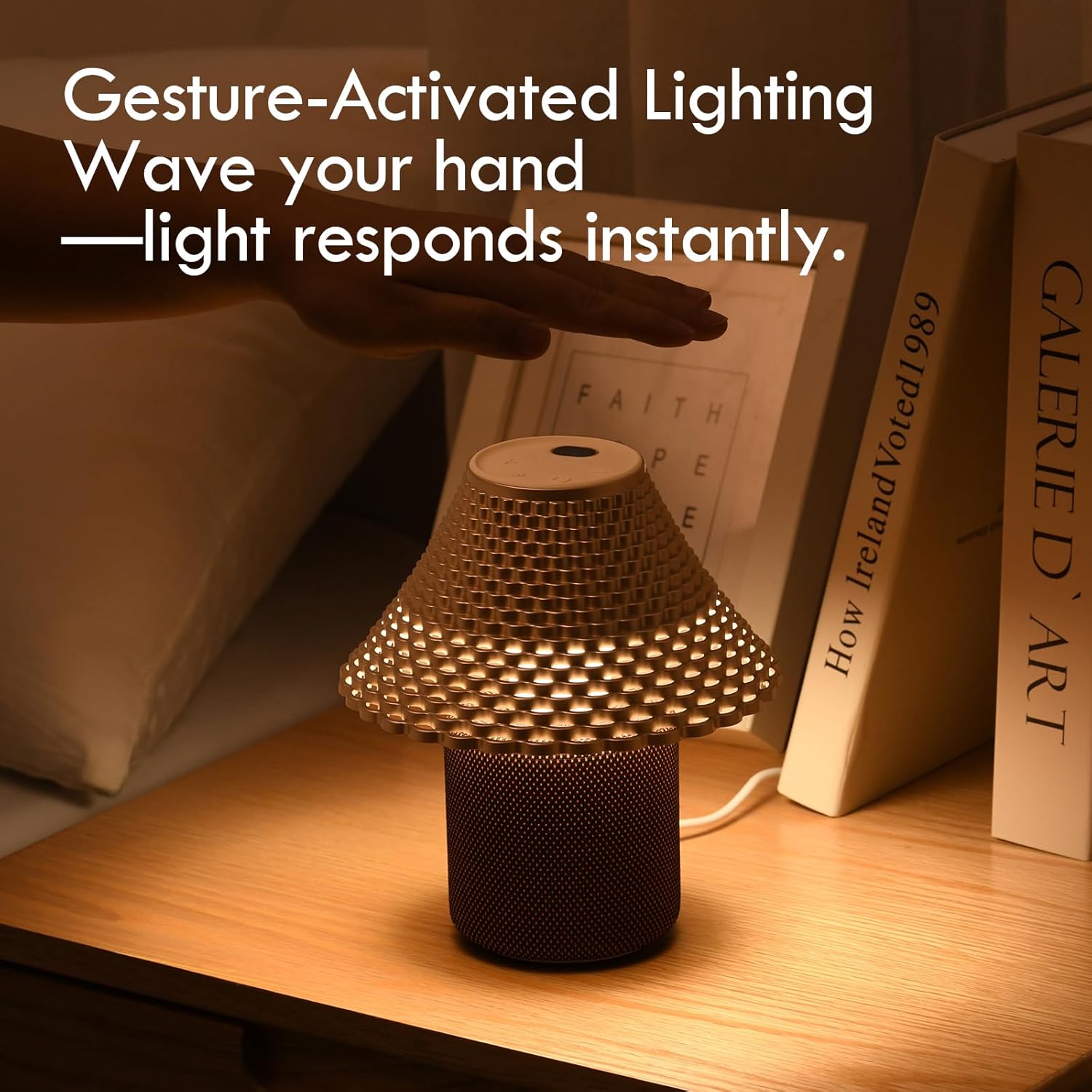 Bedside Table Lamp with White Noise Machine - 10 Soothing Sounds, Gesture Control Sensor & Dimmable Night Light - 30/60/90 Min Auto-Off Timer for Sleep, Nursery, Office & Home Decor- Gold