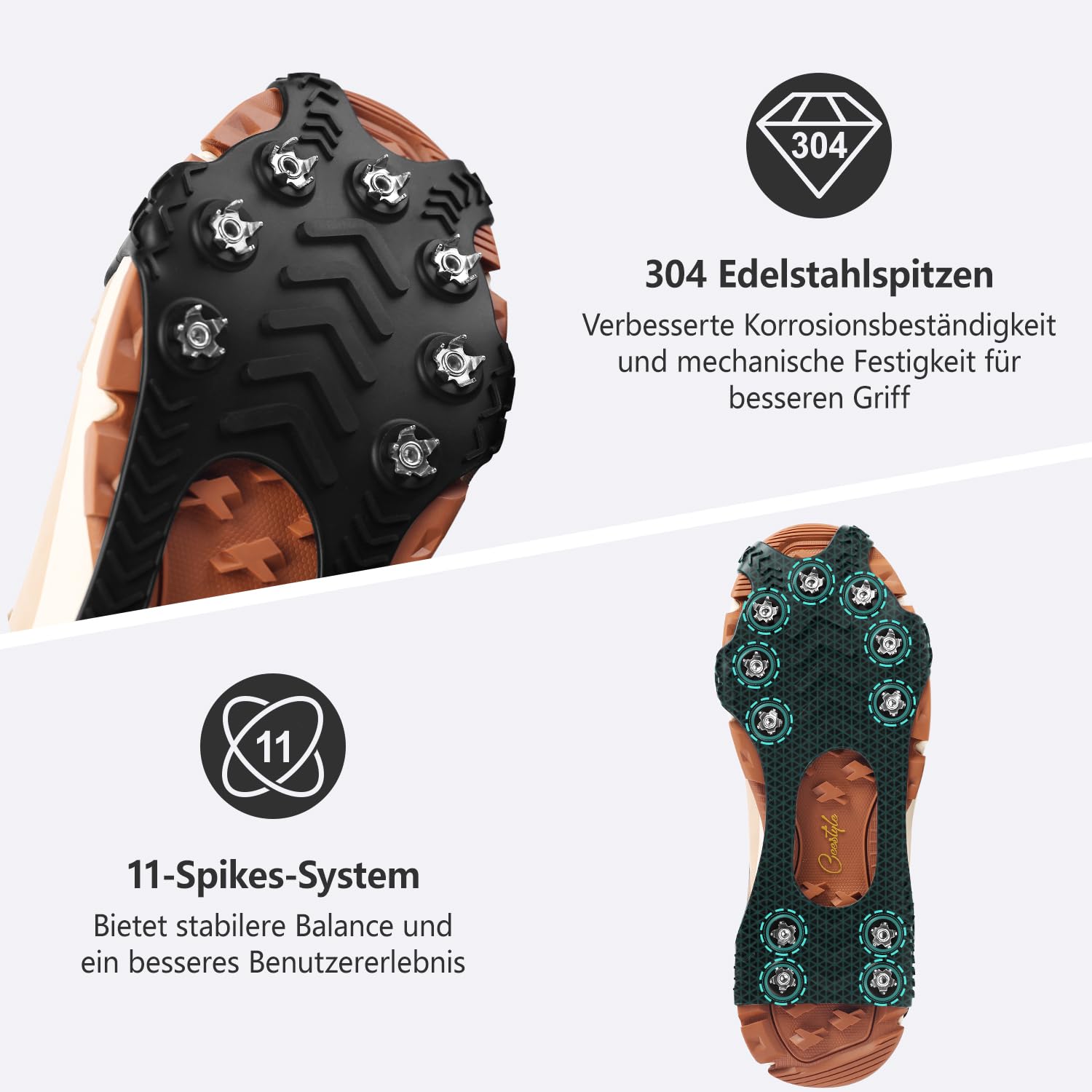 Steigeisen für Bergschuhe mit 11 Zähne Verdickte Schuhkrallen aus Edelstahl Anti-Rutsch Schuhspikes für Wandern Trail Running Trekking Winter Outdoor