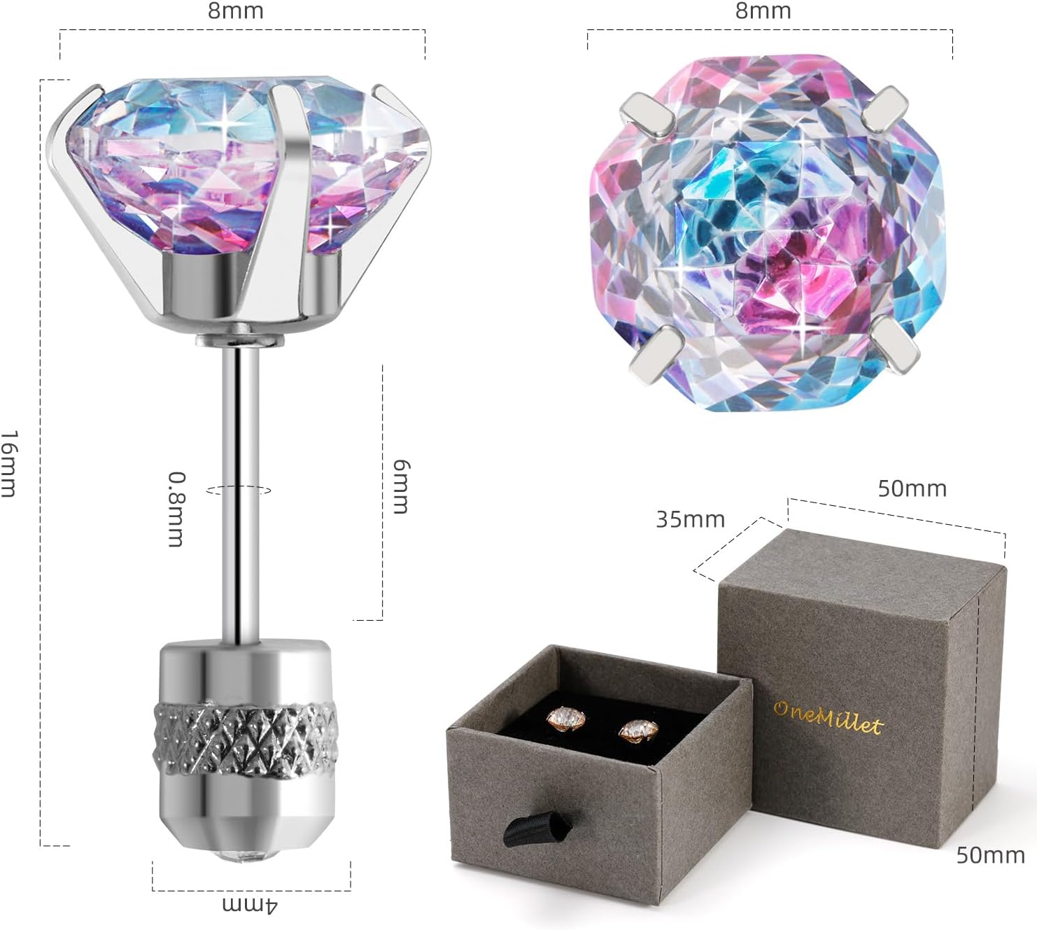 Titanium Stud Earrings, Rose-cut Zirconia Earrings Studs, Hypoallergenic & Nickel Free, Ideal for Sensitive Ears, Everyday Jewelry, Minimalist Elegant Design, Gift Box Included - Image 4