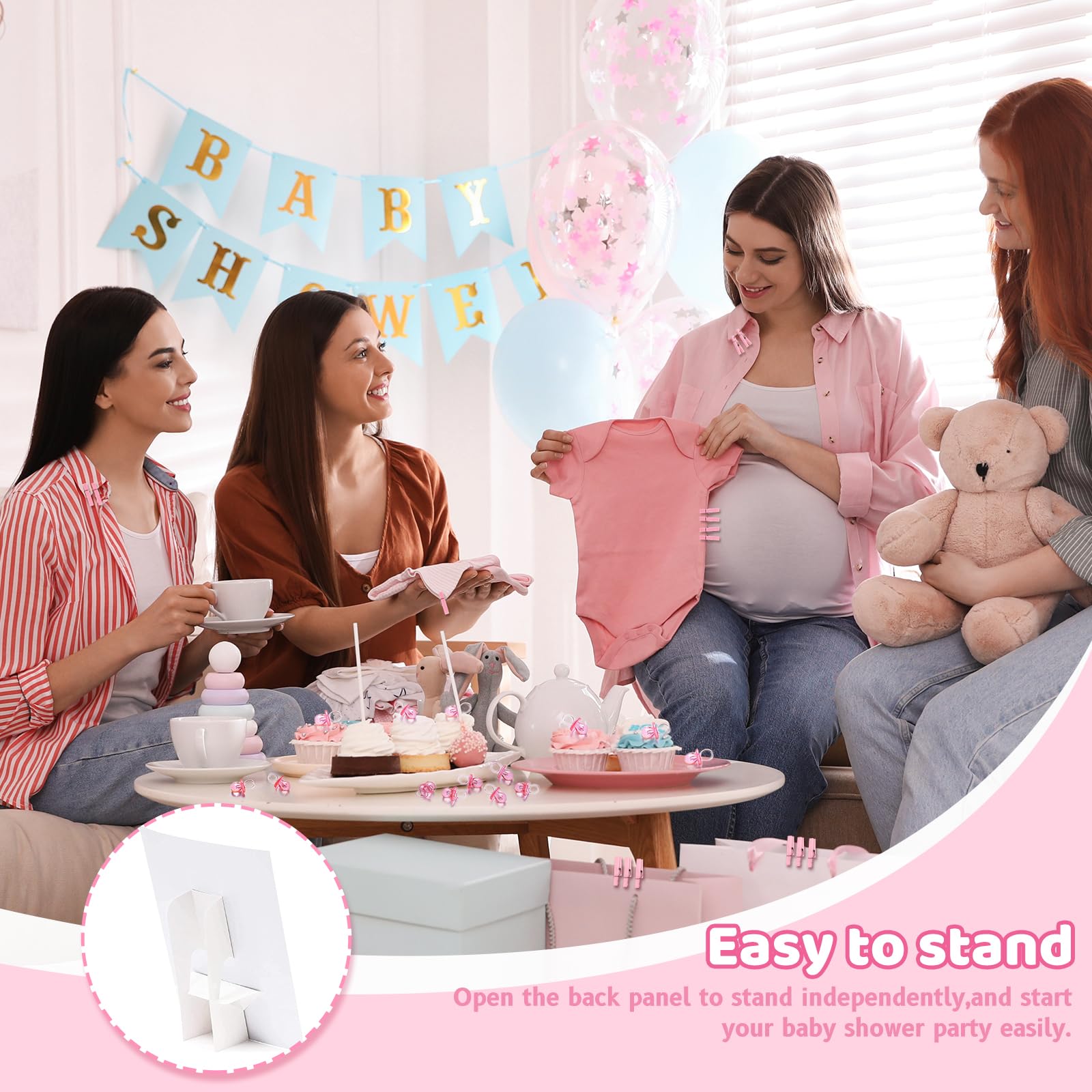 Baby Shower Clothespin gra zawiera jeden znak 'Don't Say Baby ' 8 × 11 i 60 mini różowych spinaczy do bielizny 60 mini smoczków dla niemowląt