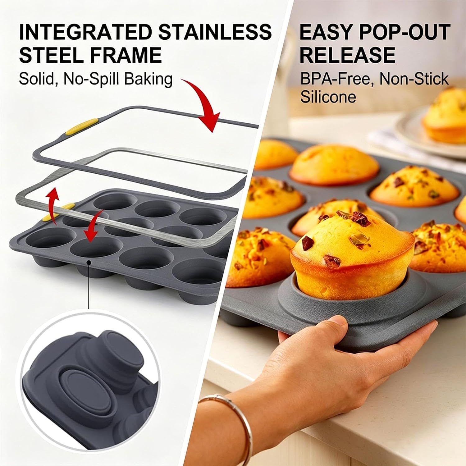 6-Piece Baking Set, 12-Cup Collapsible Silicone Muffin Pan with Steel Frame, Air Fryer Egg Bites Mold with Lid, 304 Stainless Steel Cooling Rack, Whisk, Spatula, Brush, Quick Breakfast Kit image 2