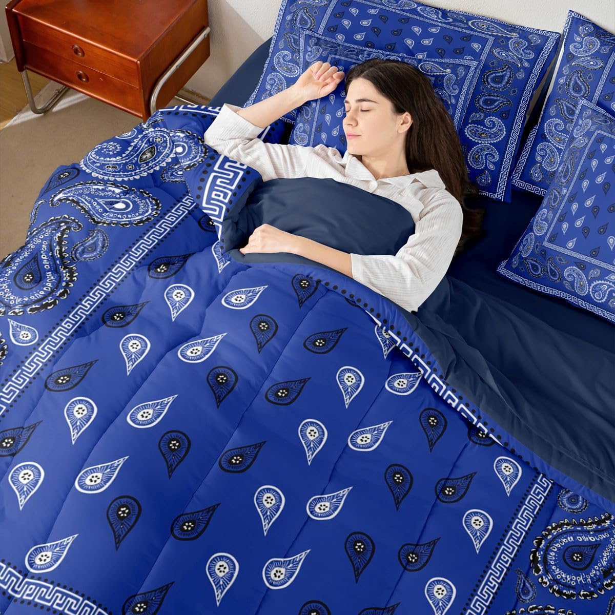 Royal Blue Bandana 7pcs Comforter Set Full Size,Boho Paisley Bandanas Bedding Set for All Season,Bohemian Chic Floral Bed in A Bag with Comforter,Sheets and Pillowcases,Kids Boys Girls Room Decor