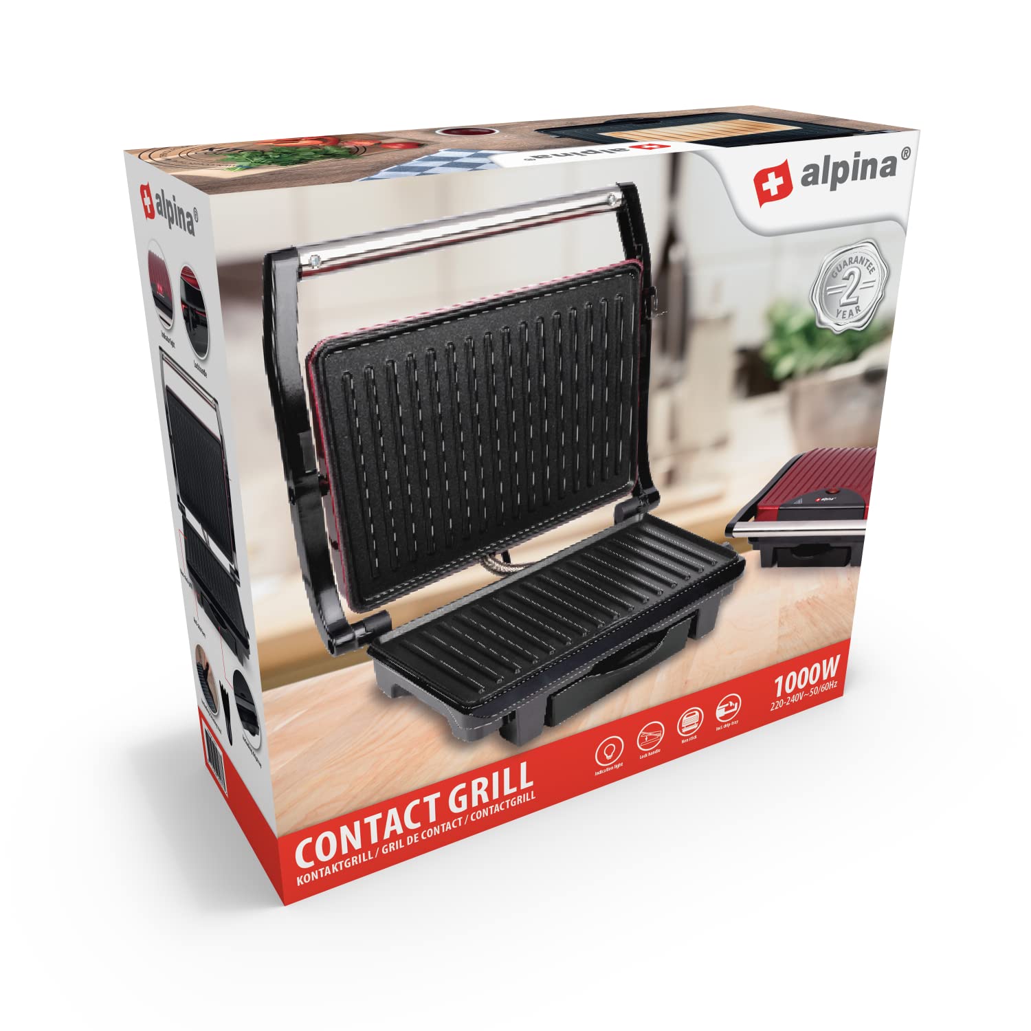 alpina Parrilla de contacto Optigrill 230 V/1000 W - Sandwichera - Panini Grill - Multigrill para verduras, pan y carne - Barbacoa de mesa con revestimiento antiadherente - Bandeja de goteo -