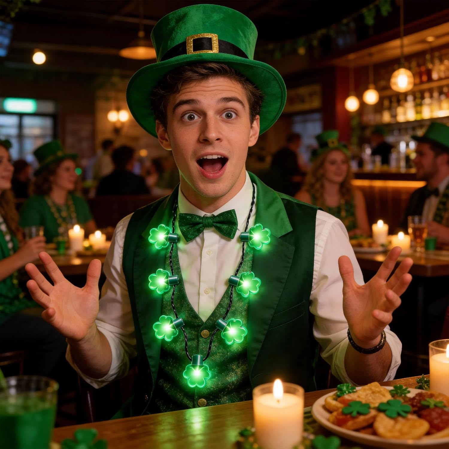 St. Patrick's Day Decoration Necklace 6-Piece Set, Each with 7 Cloverleaf Lights, Green Cloverleaf Necklace, A Must-Have Decoration for St. Patrick's Day Parties