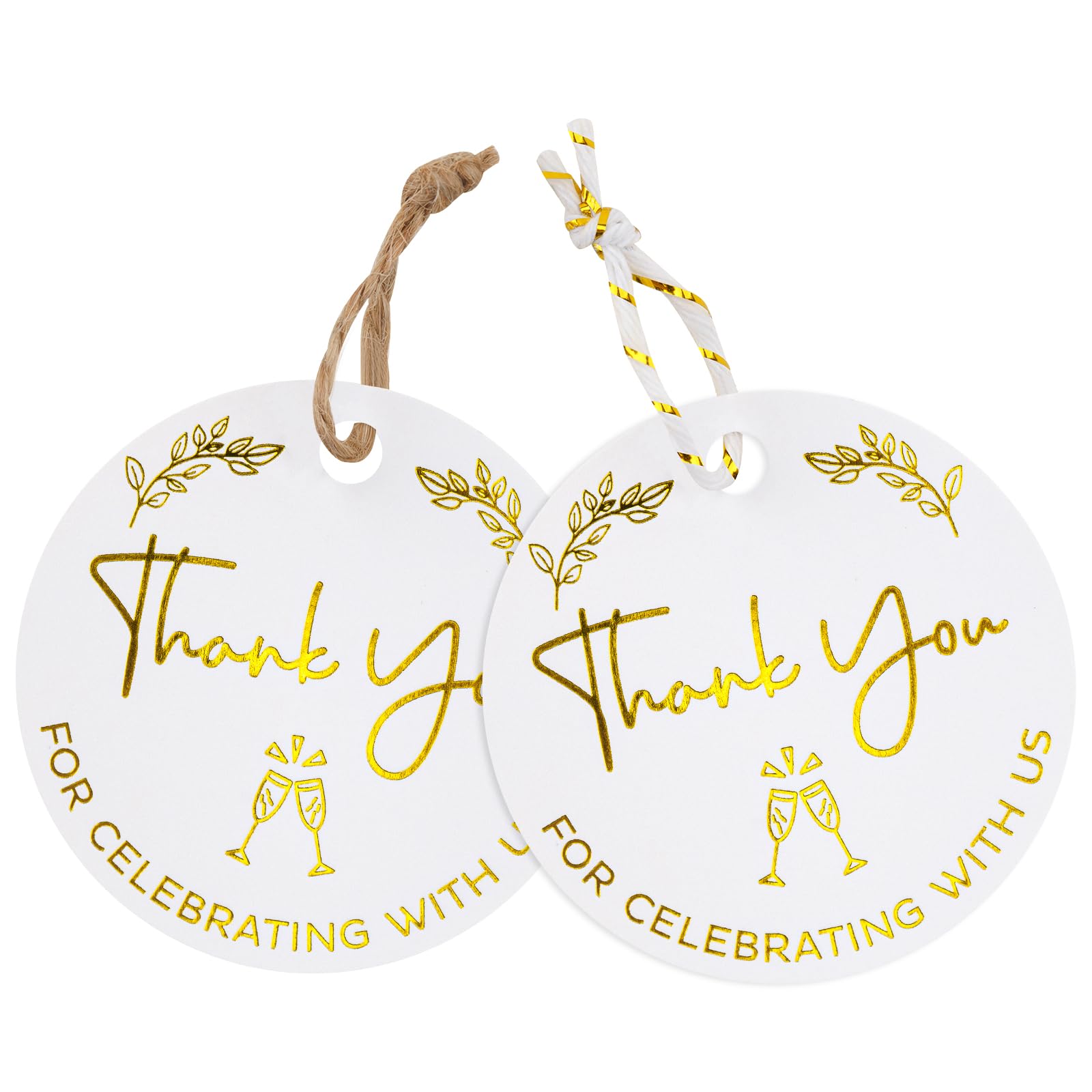 joycraft 100Pcs Thank You Gift Tags, 2 inch Thank You for Celebrating with Us Tags, Gold Foil White Paper Labels with String, Round Gift Wrap Hangtags
