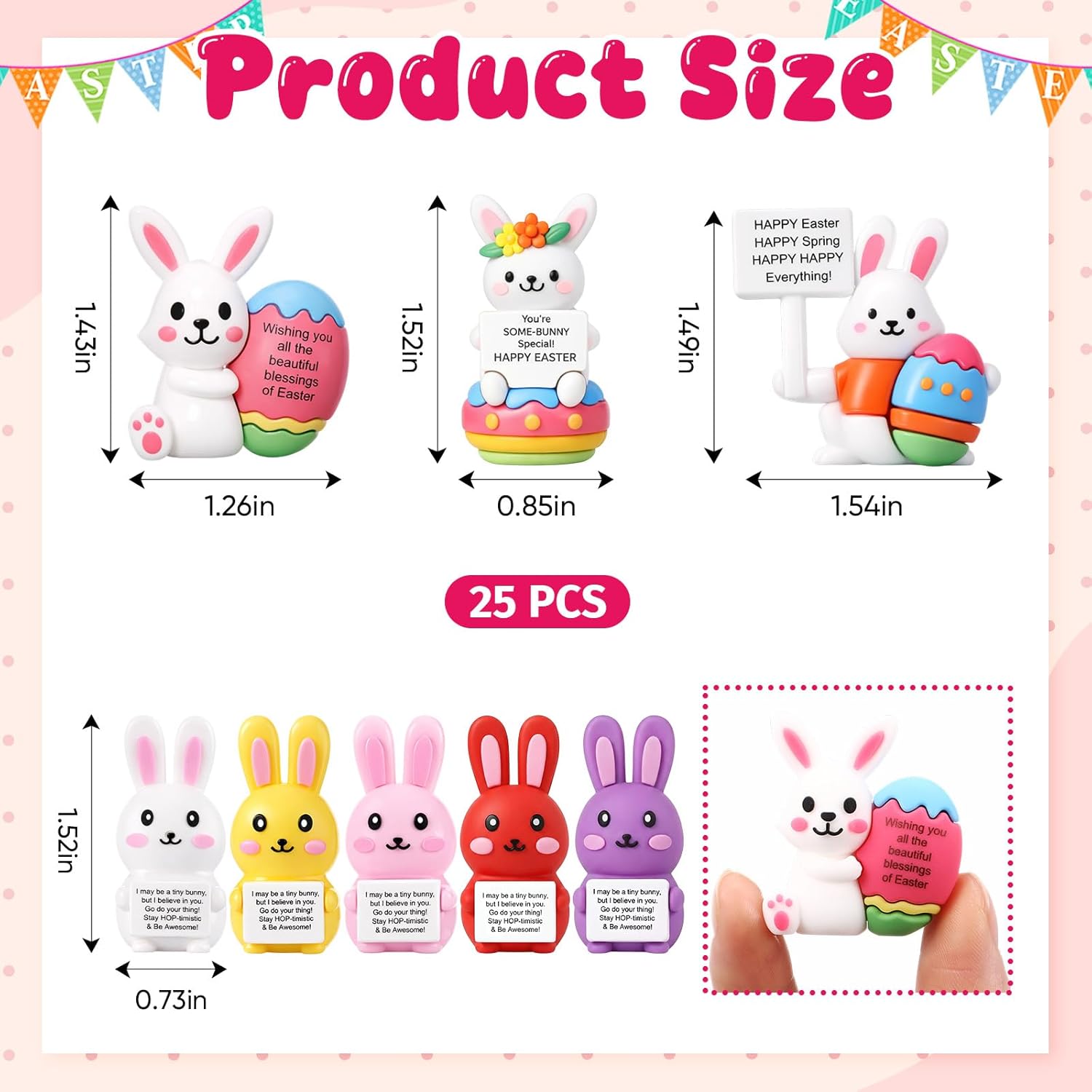 Gejoy 25 Pcs Mini Rubber Mixed Easter Bunny Toys Positive Mini Figurines to Hide Miniature Novelty Emotional Inspirational Birthday Gifts Easter Egg Stuffers for Religious Baptism Party Favors