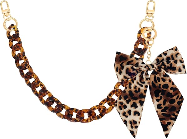 Leopard Print Purse Chain Strap 17.9 Inch Chunky Acrylic Bag Handle Shoulder Strap Replacement with Leopard Bow Keychain Charms Vintage Handbag Decoration Chain Bag Accessories Charms for Women