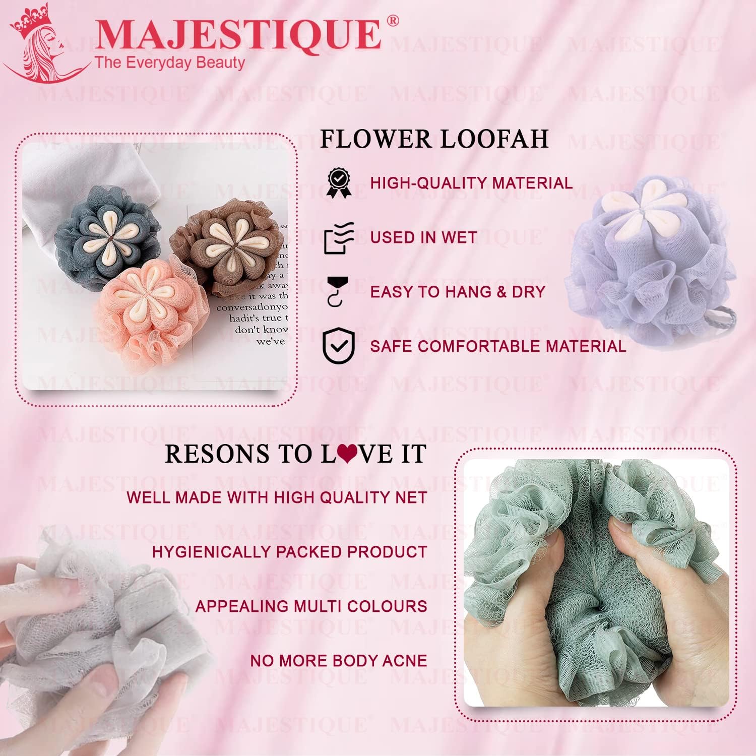 Majestique Flower Bath Loofah Shower Puff Sponge Shower Loofahs Pouf Ball Mesh Bulk Puffs Large, Body Scrubber for Women - Multicolor (Pack Of 4)