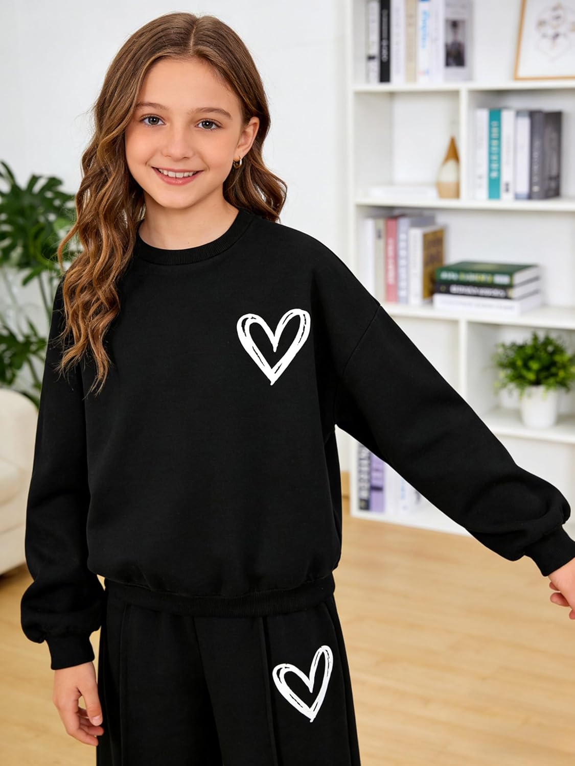 Kids Girls Clothes Tracksuit Set 6-11 Years Sweatshirt & Pants with Heart Print Casual Outfit - Image 2