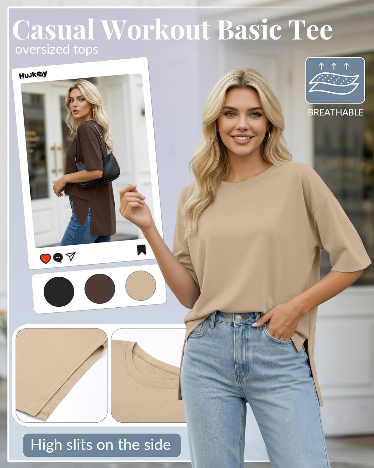 Huukeay 3 Pack Women's Oversized Gym T Shirts Short Sleeve Side Split Crewneck Tops Casual Summer Workout Baggy Basic Tee - Image 4